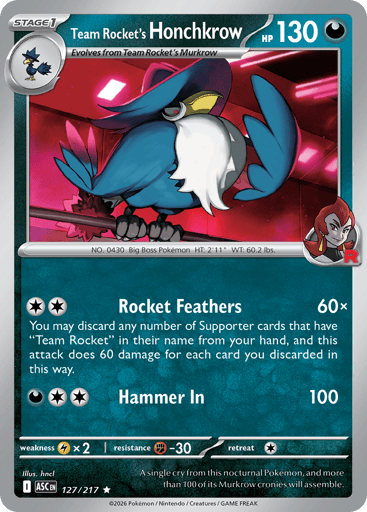 Team Rocket’s Honchkrow – Rare Reverse Holo – 127/217 – Ascended Heroes