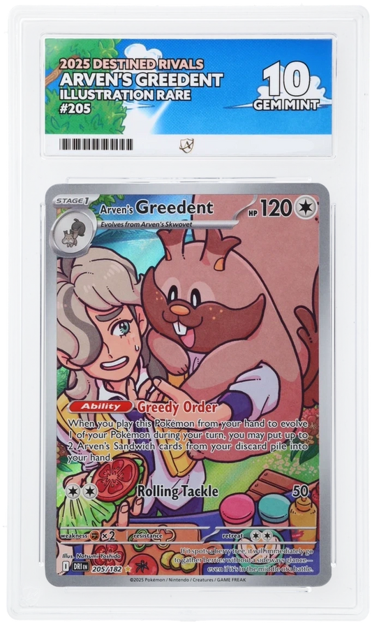 Pokémon Arven's Greedent Illustration Rare 205/182 – Destined Rivals – ACE 10 Graded Card