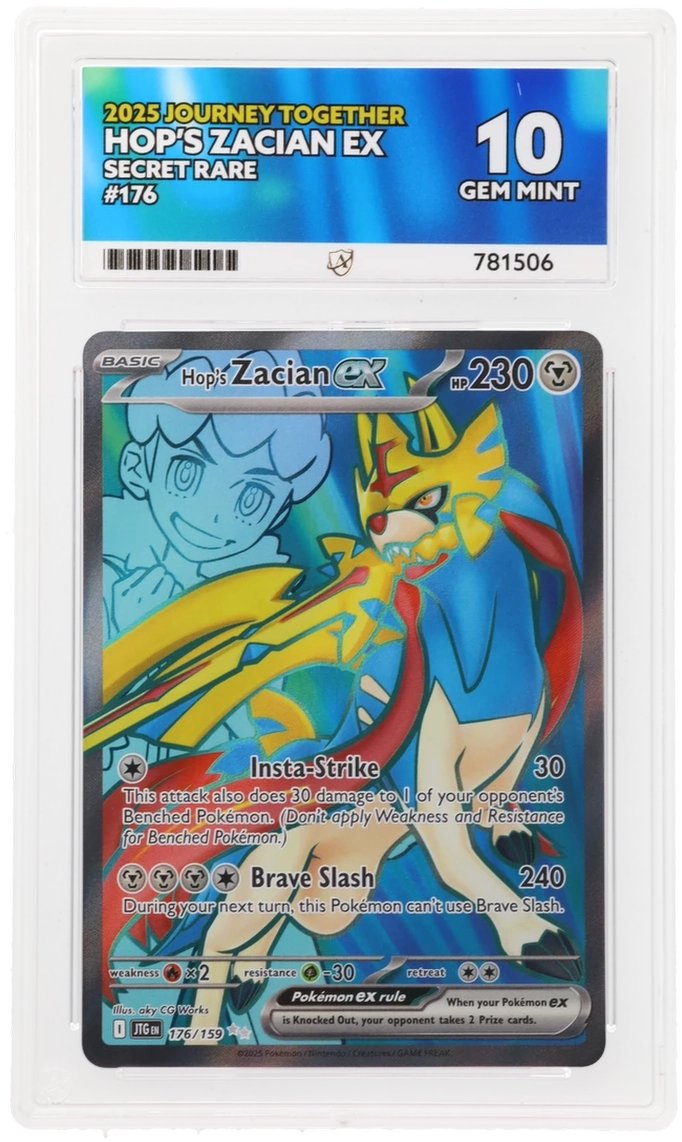 Pokémon trading card featuring Hop's Zacian EX in a protective sleeve