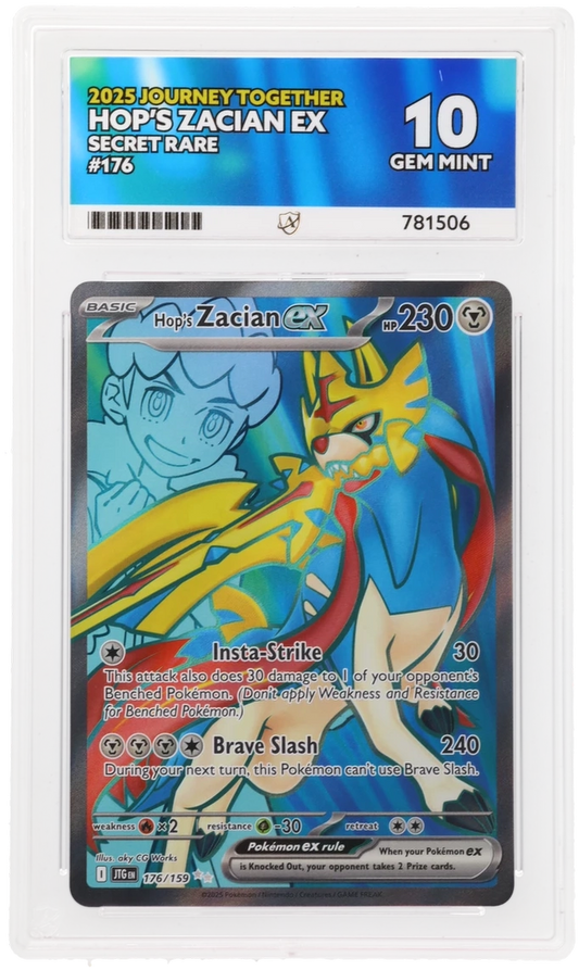 Pokémon trading card featuring Hop's Zacian EX in a protective sleeve
