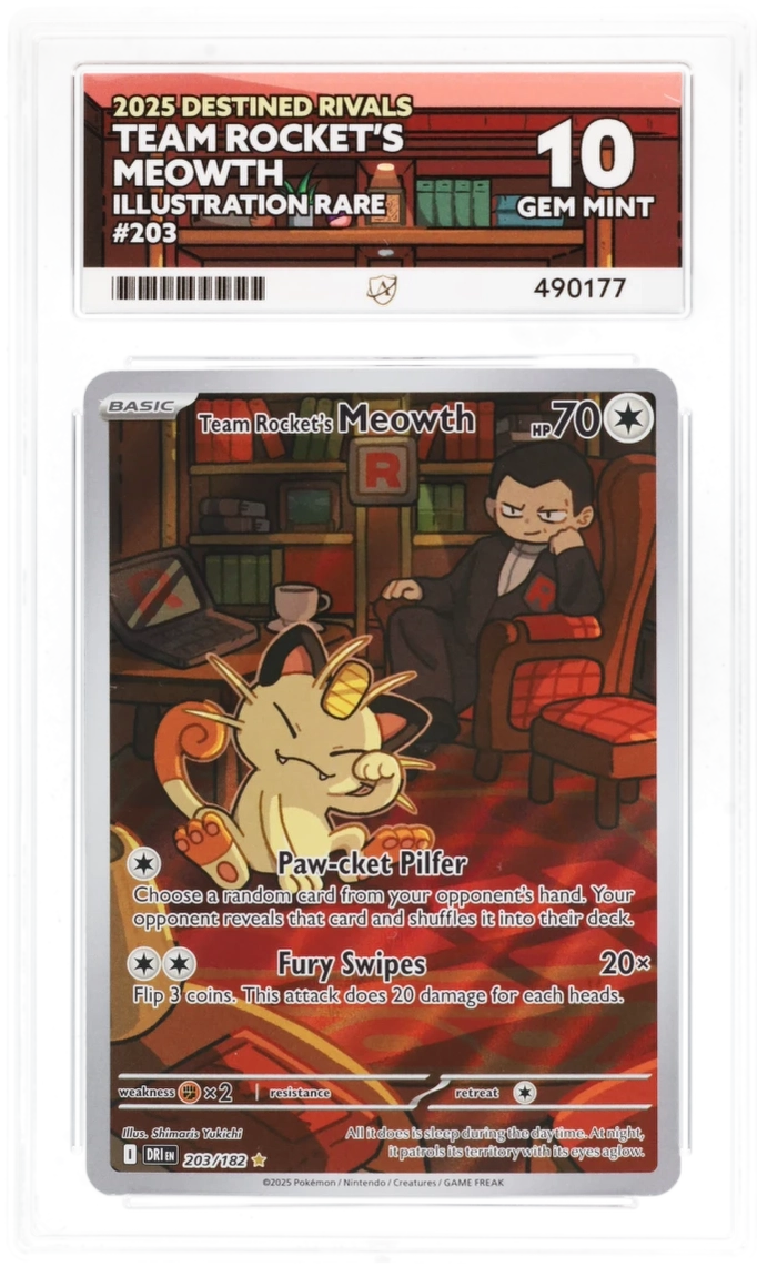 Pokémon Team Rocket's Meowth Illustration Rare 203/182 – Destined Rivals – ACE 10 Graded Card