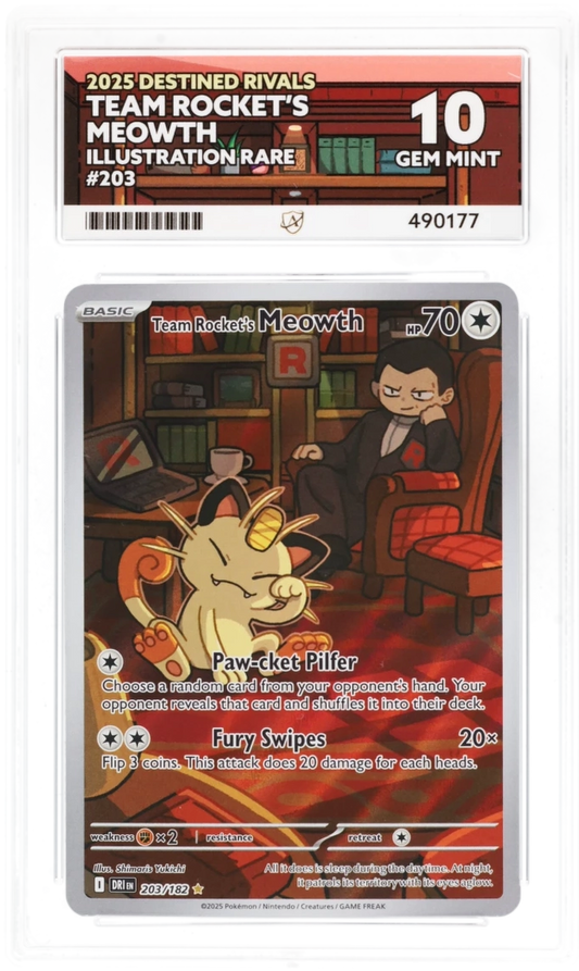 Pokémon Team Rocket's Meowth Illustration Rare 203/182 – Destined Rivals – ACE 10 Graded Card