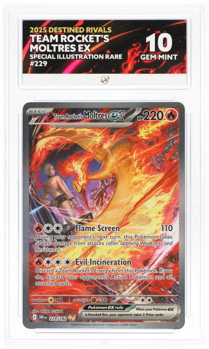 Pokémon Team Rocket's Moltres ex Special Illustration Rare 229/182 – Destined Rivals – ACE 10 Graded Card