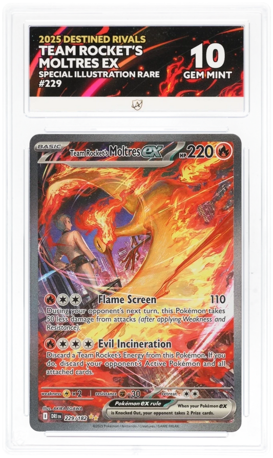 Pokémon Team Rocket's Moltres ex Special Illustration Rare 229/182 – Destined Rivals – ACE 10 Graded Card